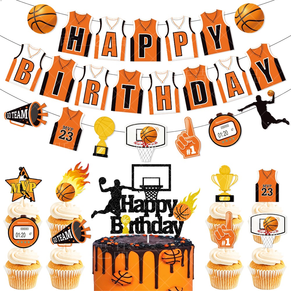 Transfronterizo nuevo tema de baloncesto de la NBA chico fiesta de cumpleaños decoración traje de cumpleaños bandera pastel tarjeta de inserción