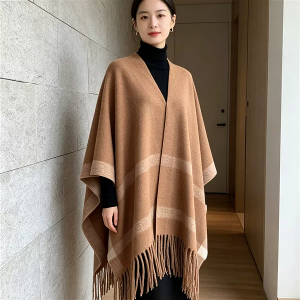 Vintage woolen shawl for women, autumn and winter new Korean style thickened warm outerwear, high-end fringed cape