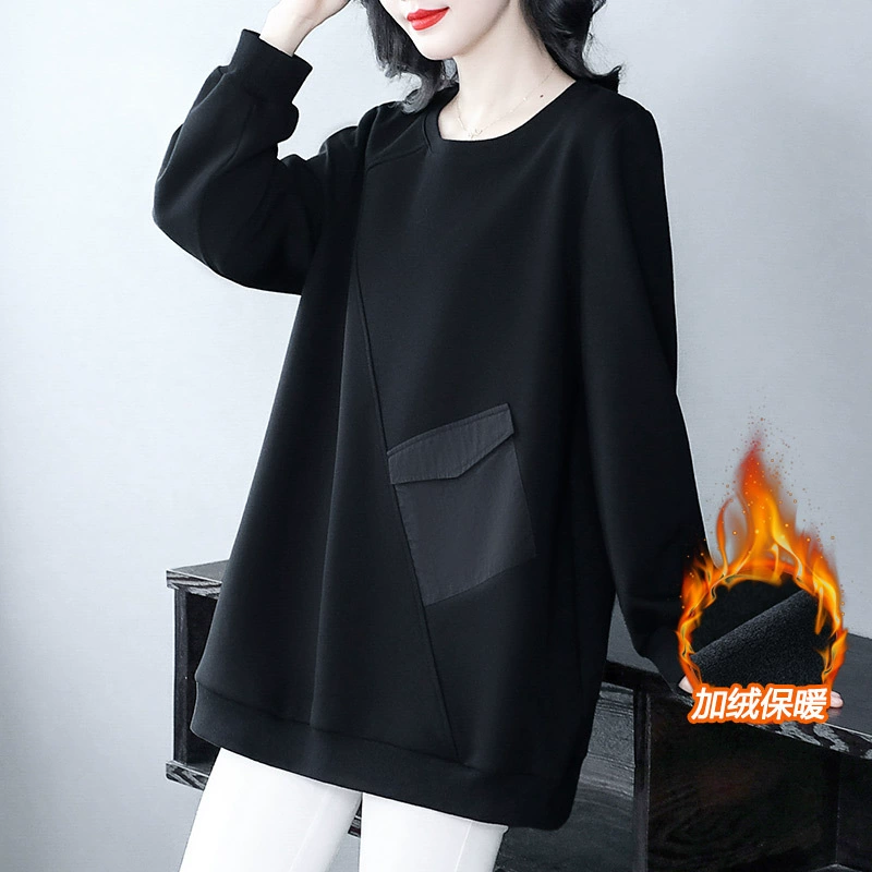 Осенние и зимние новые бархатные теплые большие размеры тонкие свободные повседневные толстовки карманы уменьшают возраст с длинными рукавами топ мама среднего возраста