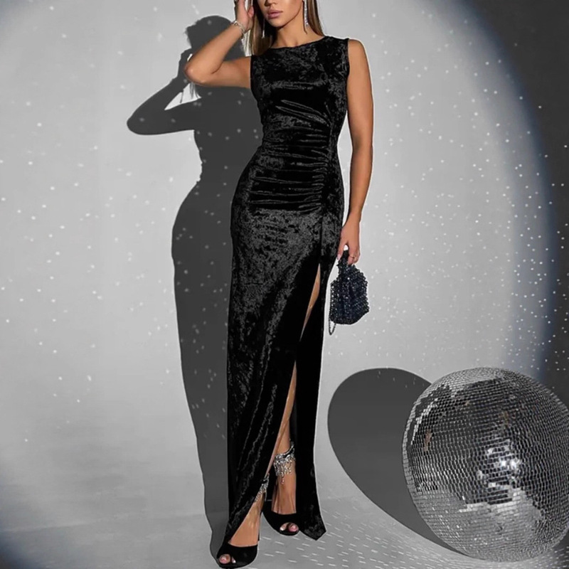 European and American Cross-Border Women's Independent Station Influencer Nⅰsⅰ Same Style Velvet Evening Dress Long Dress with Slit