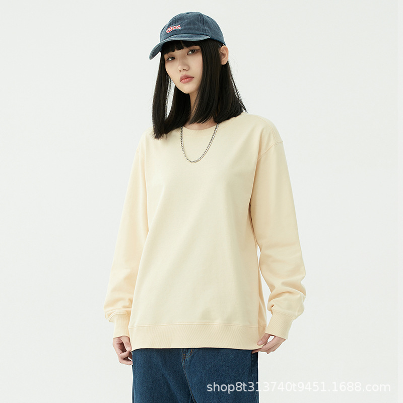 Chaqueta de manga larga con cuello redondo de rizo para otoño e invierno, de algodón puro, sin formación de bolitas, con hombros caídos, camisa publicitaria, ropa de trabajo, sudadera con impresión de logotipo personalizado.