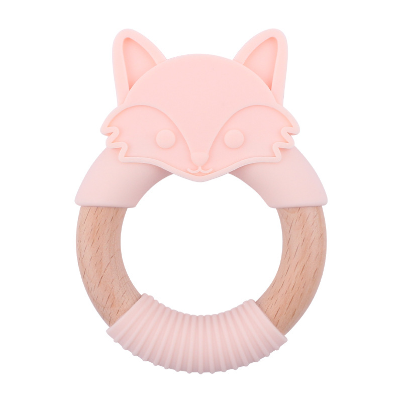 Bebé mordedor silicona animal anillo de madera mordedor Diente de dibujos animados animal Beech bebé zorro pulsera teether juguete