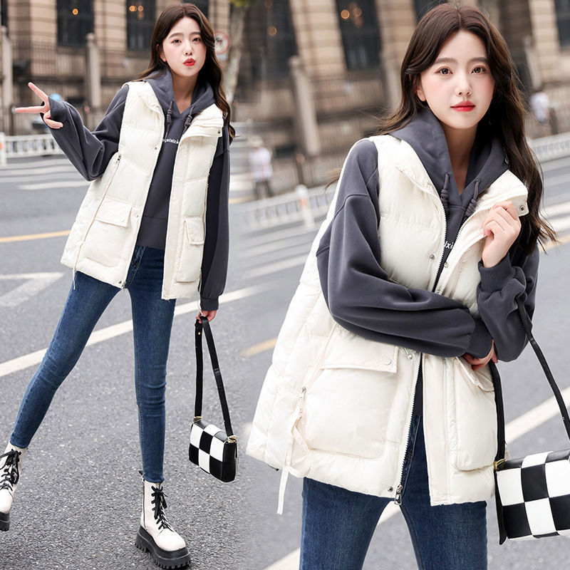 2023 otoño y invierno nuevo estilo coreano hombro de collar de bolsillo grande chaleco de algodón de plumón de moda mujer chaqueta de clip de caballo
