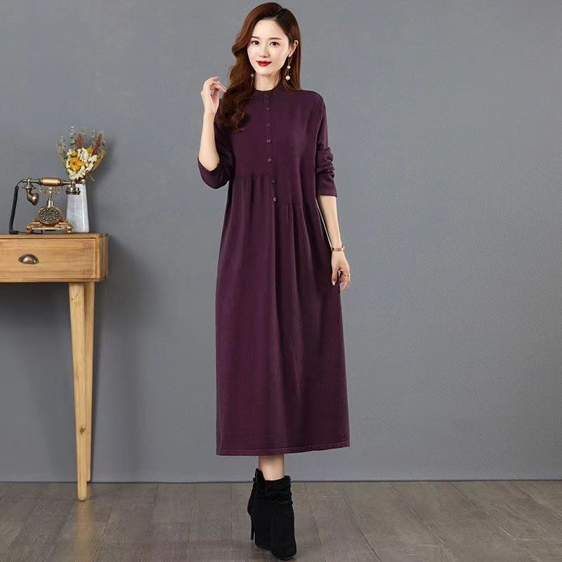 Autumn and Winter Mom Loose Knitted plus size dress Fashion Striped Solid Color Long Over-the-knee Base Sweater Skirt for Women
