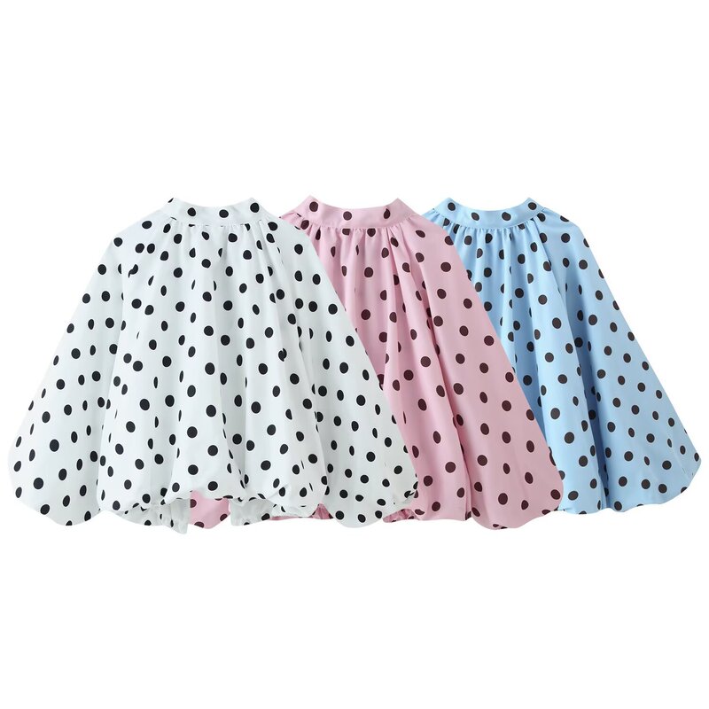 Myst&Za 2026 Fashionable European and American Style New Three-Color Polka Dot Balloon Version Shirt with Unique Stand-Up Collar and Bow at the Back