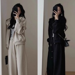 秋冬休闲卫衣运动套装女时尚港风显瘦减龄阔腿裤连帽跑步两件套潮