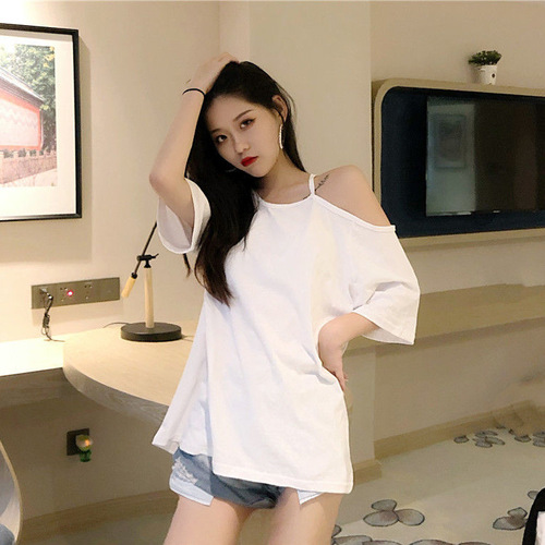Women's Summer V-Neck T-Shirt with Off-the-Shoulder Design, Loose Fit, Trendy and New Arrival Korean Style T-Shirt with Hidden Details