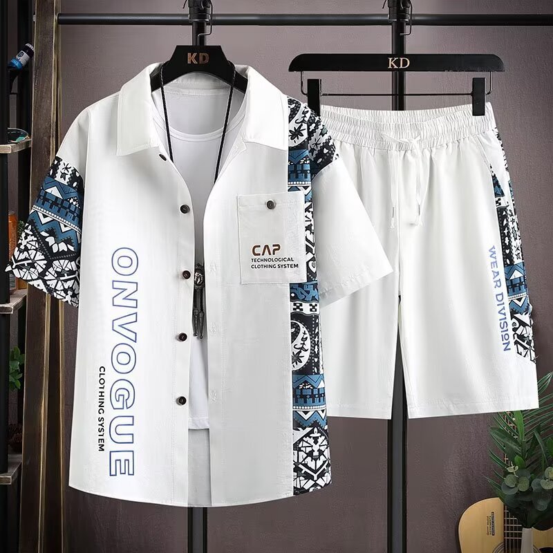 Short-Sleeved Suit Shirt, Summer New Men's Clothing, Lapel T-Shirt, Shorts, Large Size American Casual Pants, Two-Piece Set Short-Sleeved Suit Shirt, Summer New Men's Clothing, Lapel T-Shirt, Shorts, Large Size American Casual Pants, Two-Piece Set