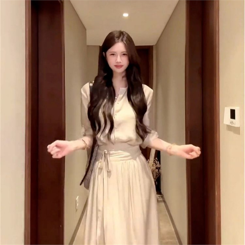 2025新款禅意清冷感穿搭衬衫连衣裙子女夏季简单大方气质套装长裙|undefined