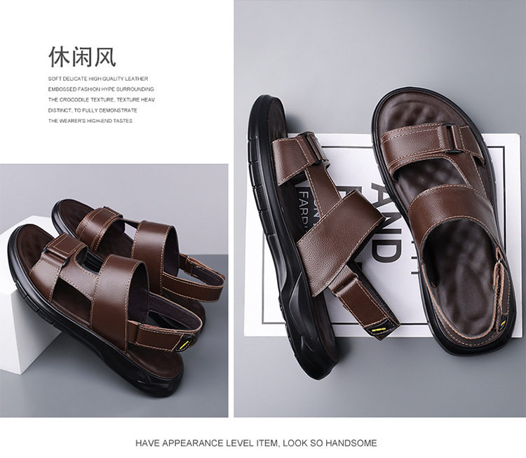 Dép sandal nam da bò đi biển quai dán đế dày mềm — Màu nâu, màu đen chi tiết 17