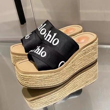 2025夏方头编织松糕厚底穆勒外穿休闲度假沙滩交叉编织平底拖鞋女