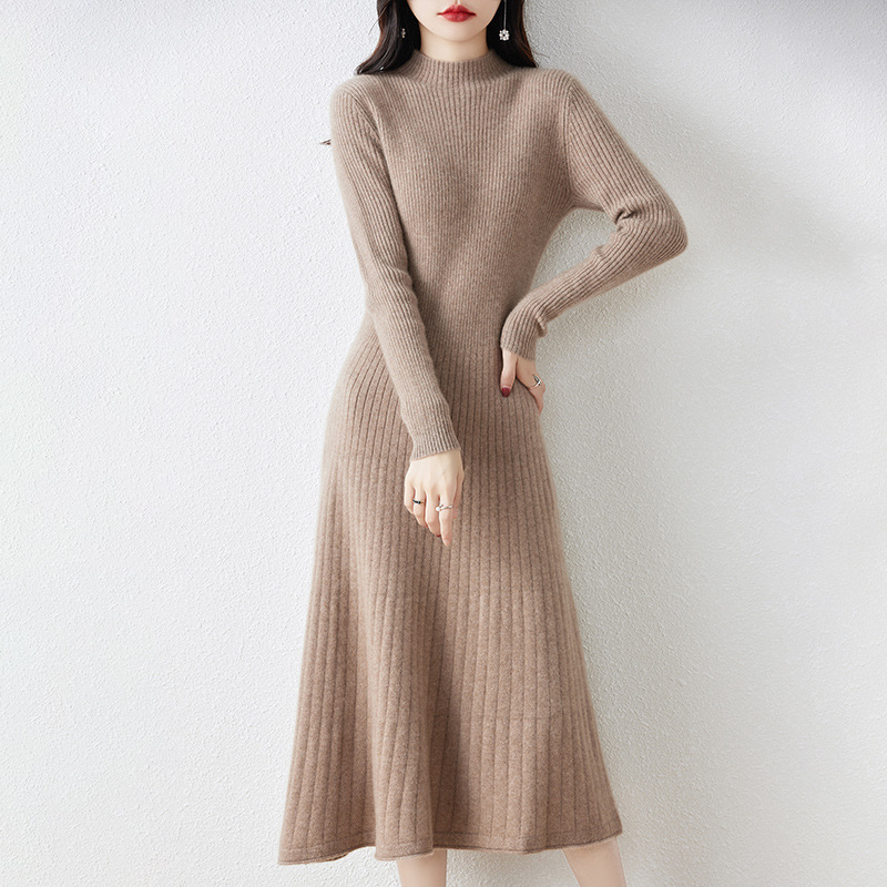 Half turtleneck solid color wool dress women's slim fit 23 autumn and winter knitted dress slimming over-the-knee super long sweater dress