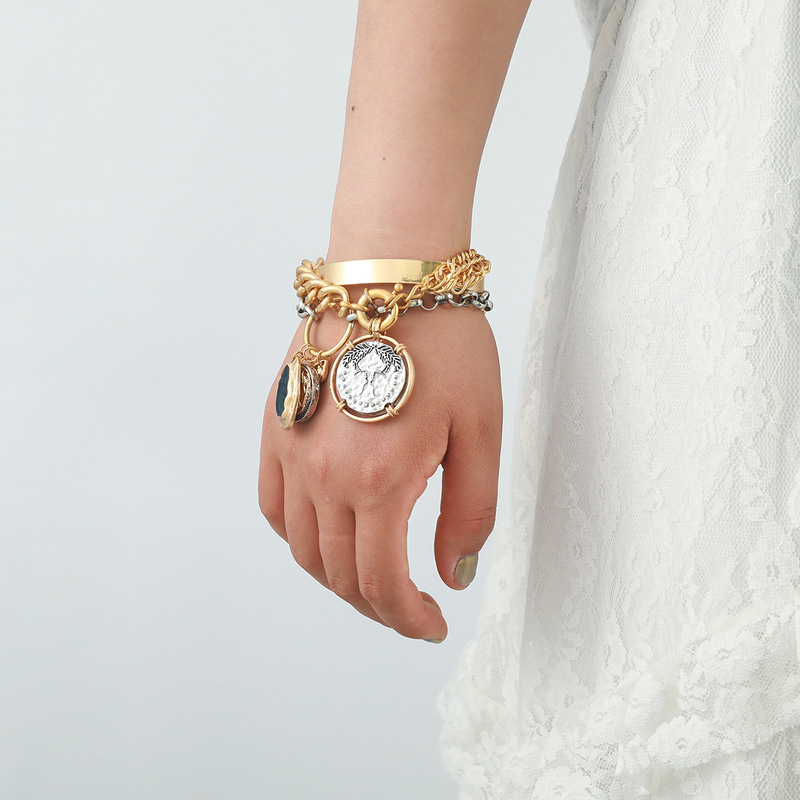 Za European and American Exaggerated Big-Name Coin Punk Metal Style Versatile Bracelet 2-Piece Set Women's Fashion Bracelet Cross-Border Supply