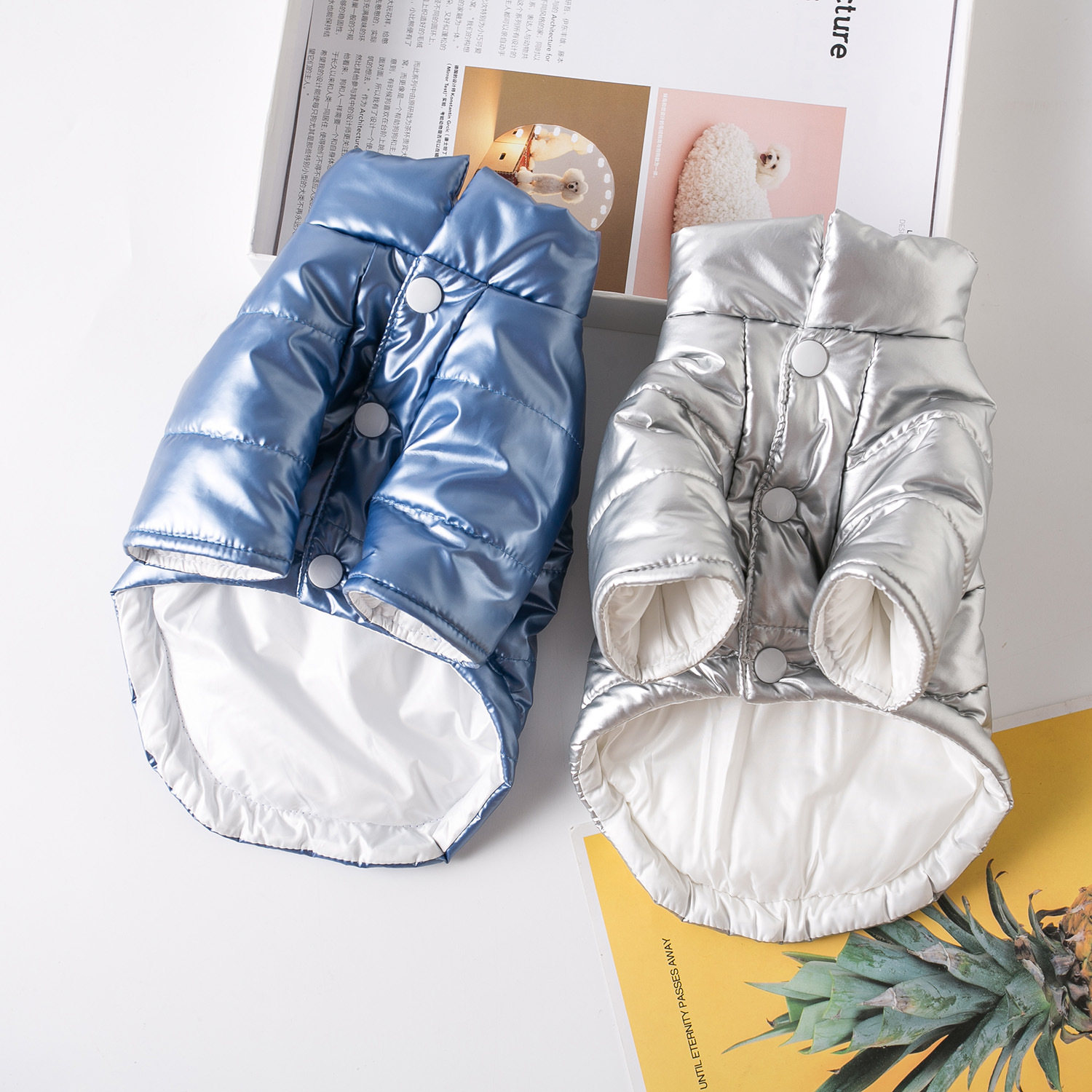 狗狗防水棉服狗狗衣服跨境外貿冬季保暖加厚太空銀兩腳可牽引棉服