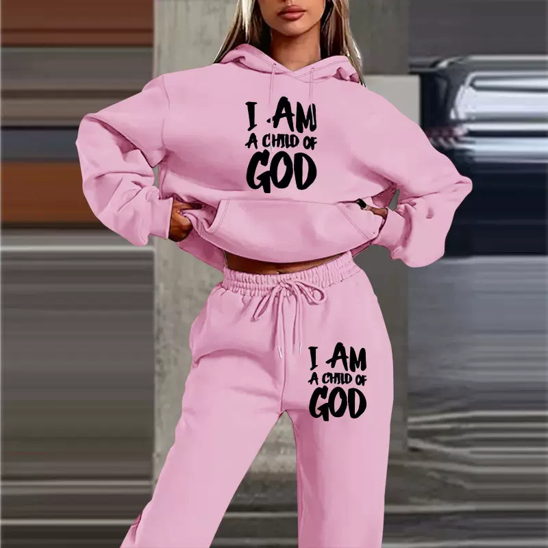 2025跨境欧美潮牌加绒卫衣卫裤套装新款女装字母印花连帽衫女套装