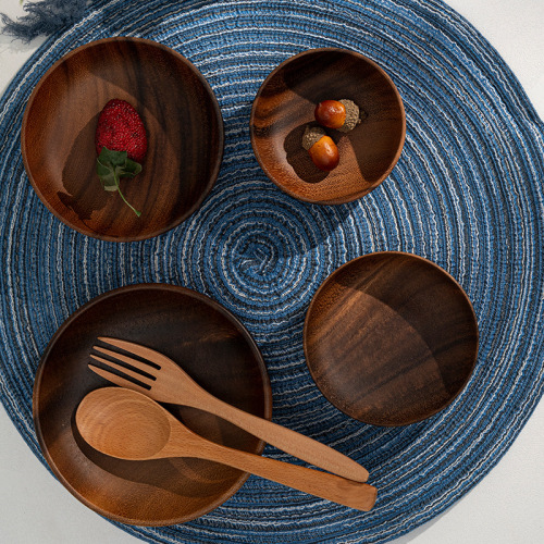 Japanese acacia wood disc solid wood pallet wooden serving plate home dish plate wholesale hotel plate dessert plate