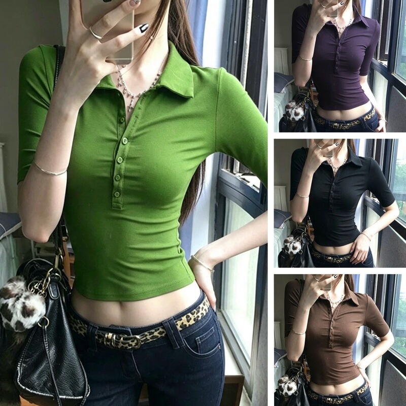American retro polo collar mid-sleeve base T-shirt, 2026 autumn new collection, slim-fit and flattering top for women, versatile style, 82332 American retro polo collar mid-sleeve base T-shirt, 2026 autumn new collection, slim-fit and flattering top for women, versatile style, 82332