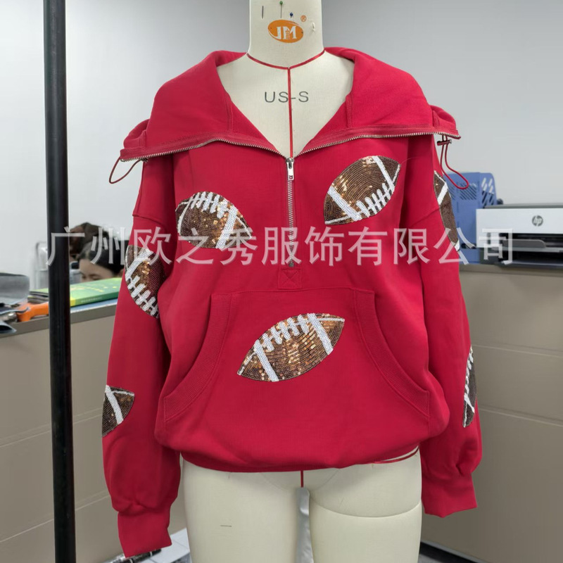 Cross-Border Rugby Sequin Embroidered Hoodie, Autumn and Winter Half-Zip Hooded Drawstring Heavyweight Sweatshirt, In-Stock Direct Shipment Cross-Border Rugby Sequin Embroidered Hoodie, Autumn and Winter Half-Zip Hooded Drawstring Heavyweight Sweatshirt, In-Stock Direct Shipment