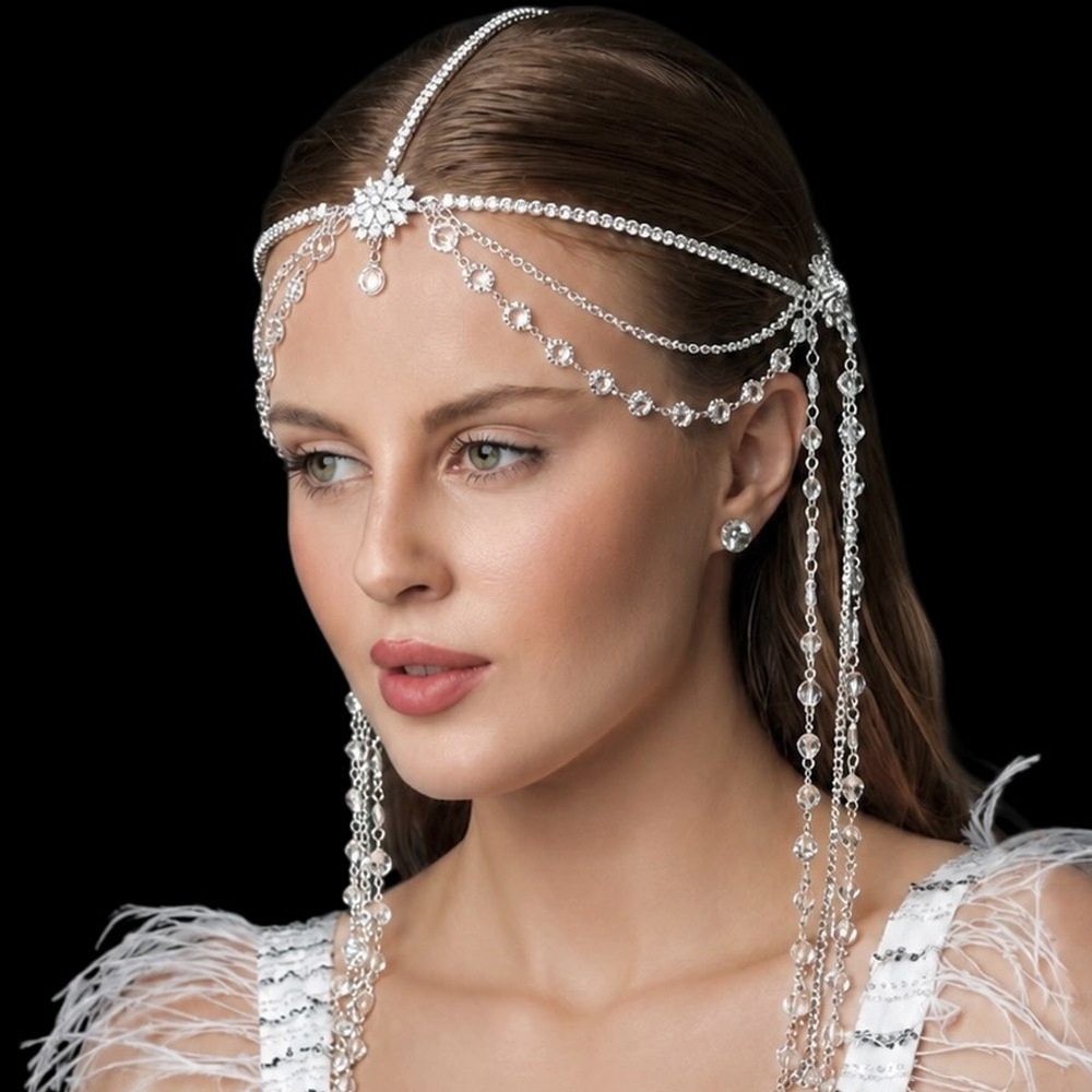 Cross-border trending multi-layered tassel hair chain, niche high-end design, heavy-duty, light luxury, rhinestone flower forehead chain, bridal headpiece
