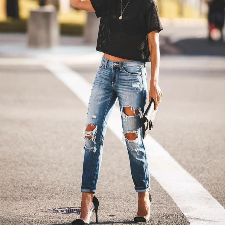 Factory Direct Sales Cross-Border Wish Aliexpress Amazon Ebay European and American Export Small Feet Ripped Jeans for Women