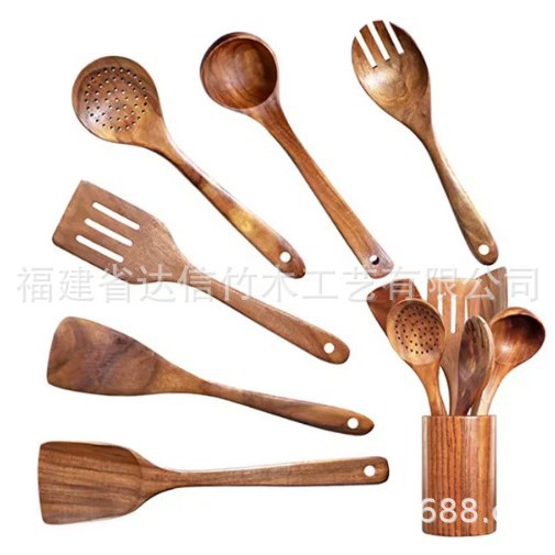 Juego de utensilios de cocina anti-quemaduras de cinco piezas, juego de nueve piezas, juego de espátulas de madera con mango largo, cuchara para remover integrada, utensilios de cocina para el hogar