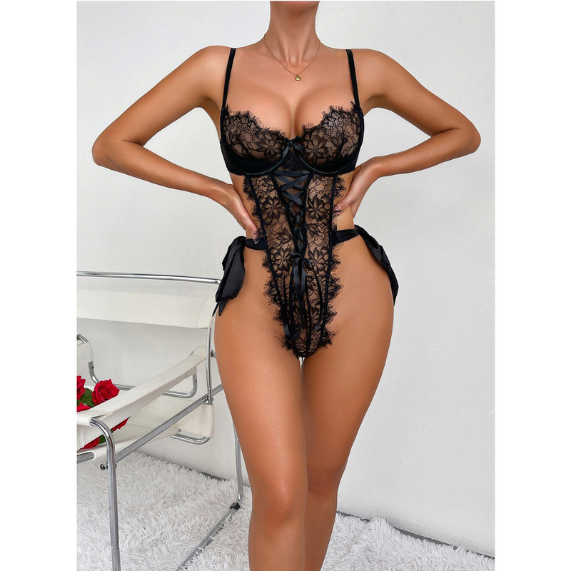 Cross-border product: sexy lingerie with see-through lace, straps, and patchwork, pure desire one-piece outfit for home use in a restraints style Cross-border product: sexy lingerie with see-through lace, straps, and patchwork, pure desire one-piece outfit for home use in a restraints style