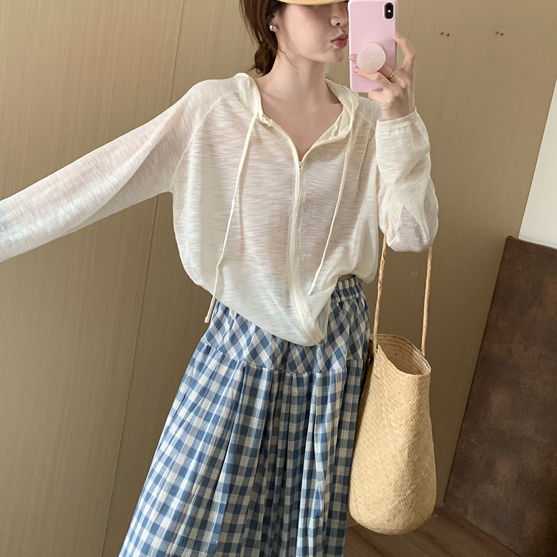 甘い気質フード付きストライプ日焼け止め服 2025 夏の新しい韓国スタイルの薄い多用途痩身トップ女性のための|undefined