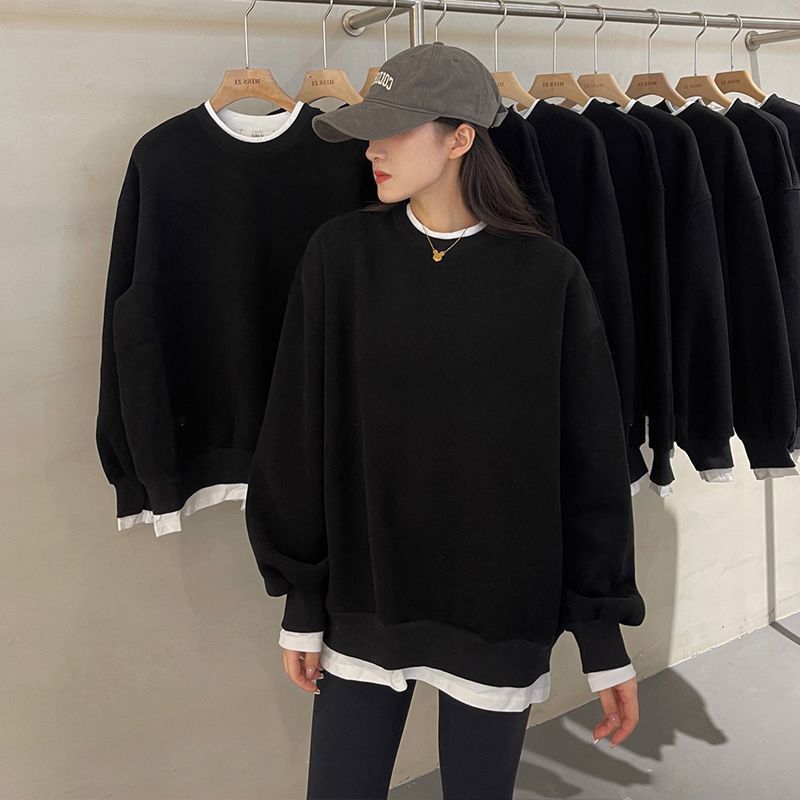 2025两件上衣感小众韩系女白色中长款卫衣纯色秋冬设计潮|undefined