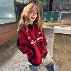 美式高街撞色三条杠运动立领卫衣外套女春秋宽松百搭开衫夹克上衣