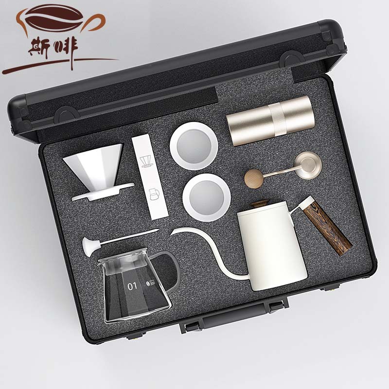 Sfei-caja de aluminio portátil para viajes al aire libre, molinillo de café, olla para preparar café a mano, filtro de goteo para acampar, juego de café para preparar a mano, caja de regalo