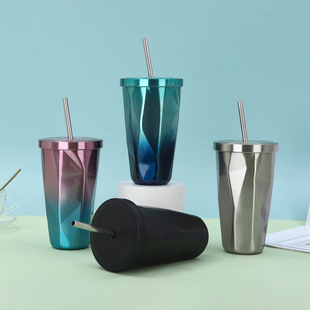 New creative diamond suction cup 304 stainless steel gradient insulation water cup high color value ice bully cold cola cup