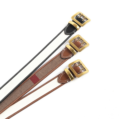 New Fashionable Ladies Belt for Export Trade Live Broadcast Canvas with Top Grain Leather Pin Buckle Waist Seal Large Buckle Belt for Women 