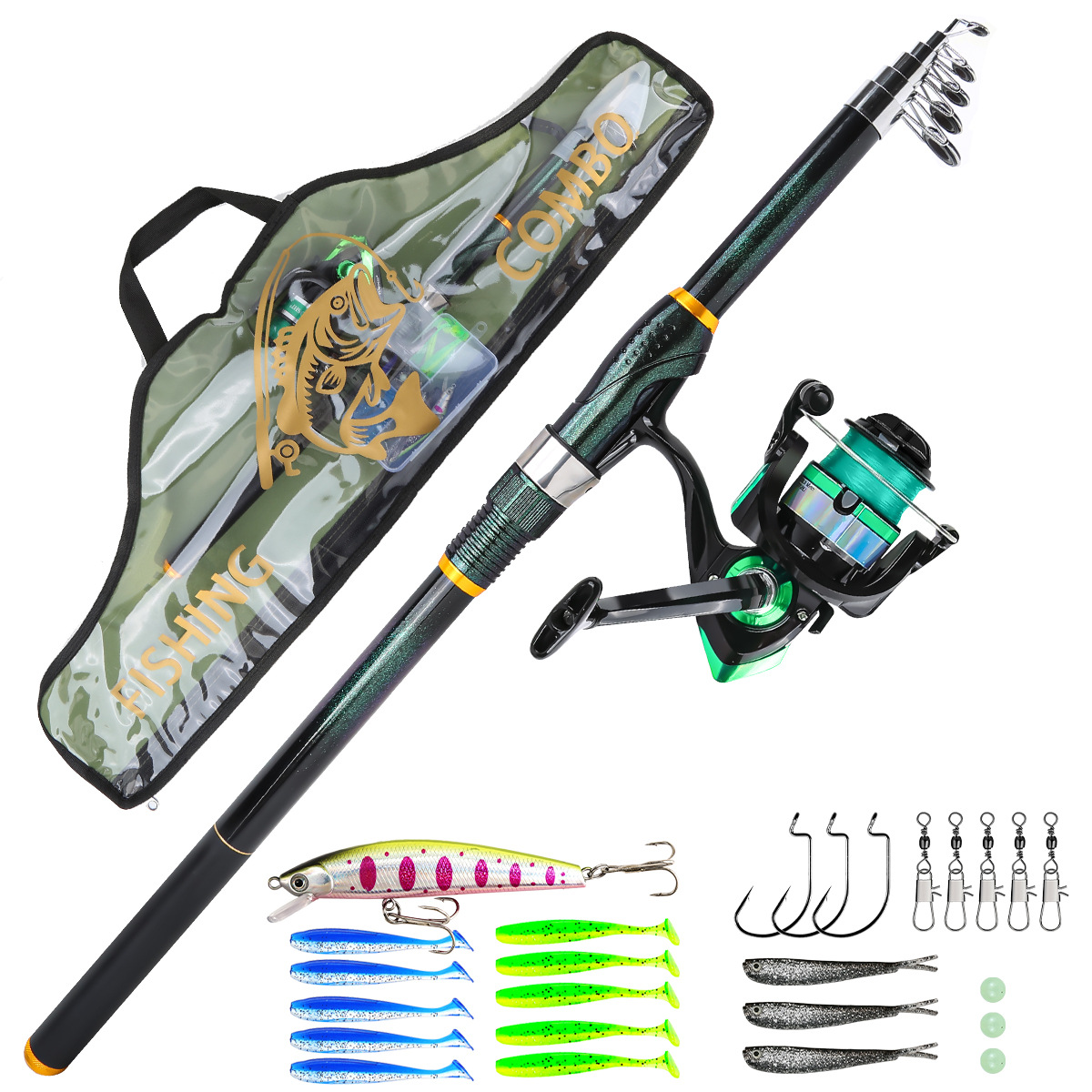 2.7m Fluorescent Green Telescopic Fiberglass Transparent Bag Set Lure Rod Sea Rod Fishing Gear Manufacturer Direct Sales Cross-Border Batch