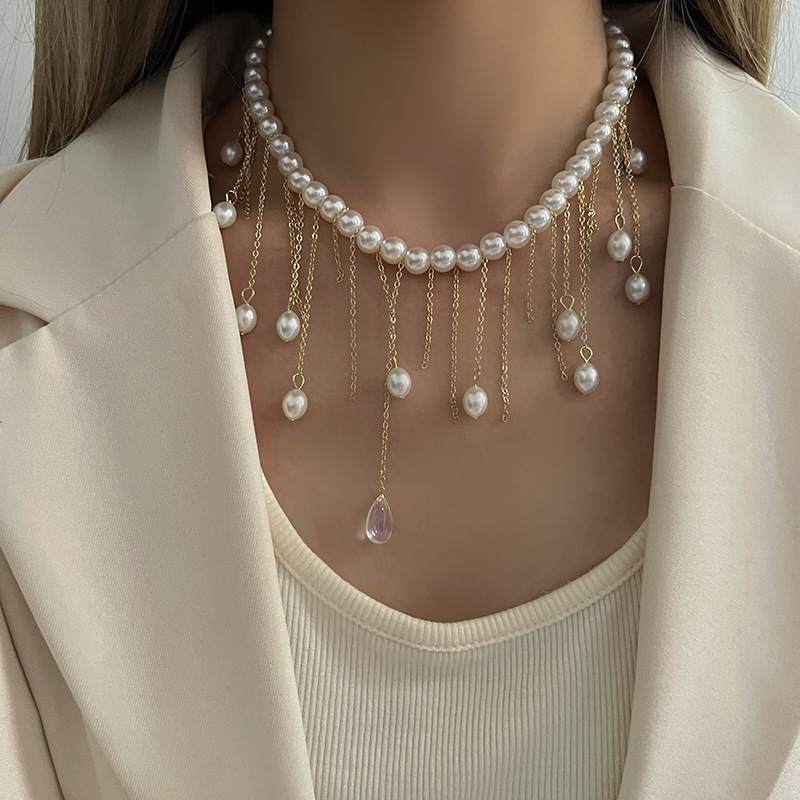 Shijia パールネックレスレディースニッチライトラグジュアリーデザインハイエンドファッション気質鎖骨チェーンネックレスセーターチェーンビーズチェーン|undefined