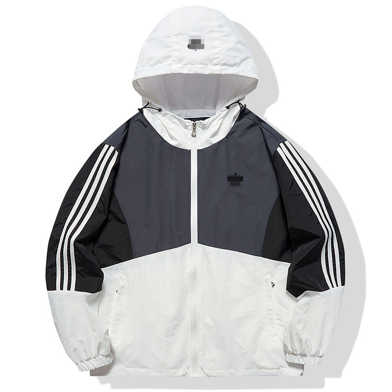 High-Quality Embroidered Logo Three-Stripe Sports Windbreaker Jacket for Men and Women, New Spring and Autumn Style, Loose Hooded Patchwork Coat