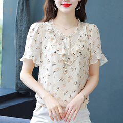 2025年新作夏の花柄シフォンシャツ、おしゃれで万能なママ向け半袖トップス、年齢を減らし、スリムでスタイリッシュなシャツ