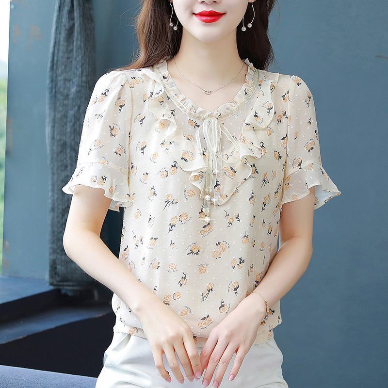 2025年新作夏の花柄シフォンシャツ、おしゃれで万能なママ向け半袖トップス、年齢を減らし、スリムでスタイリッシュなシャツ|undefined
