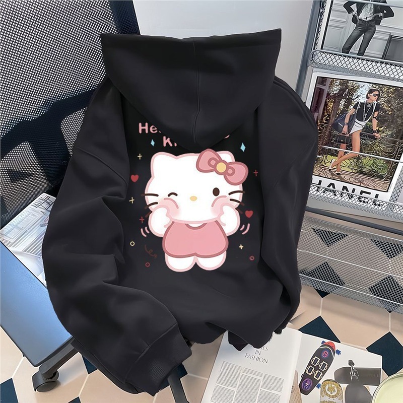 甜美校园风卫衣女连帽加绒厚款Kitty凯蒂猫印花宽松百搭春季上衣|undefined