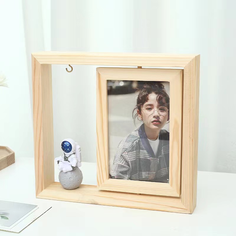 Marco de fotos de pino simple marco de fotos creativo giratorio de doble cara decoración de dibujos animados Marco de Fotos decoración de escritorio marco de fotos al por mayor