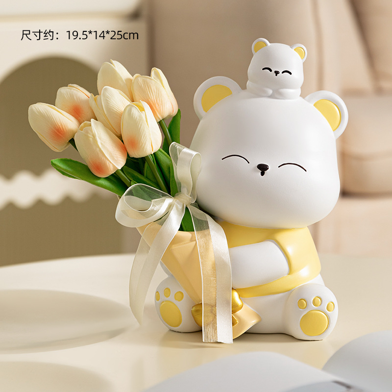 포옹 곰 꽃 노란색 큰 + 샴페인 튤립 7 (무료 리본)