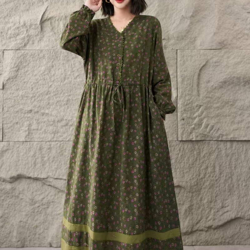 2025 Autumn Large Size Cotton and Linen Extra Long Floral Long Skirt Drawstring Waist V-Neck Women's Dress