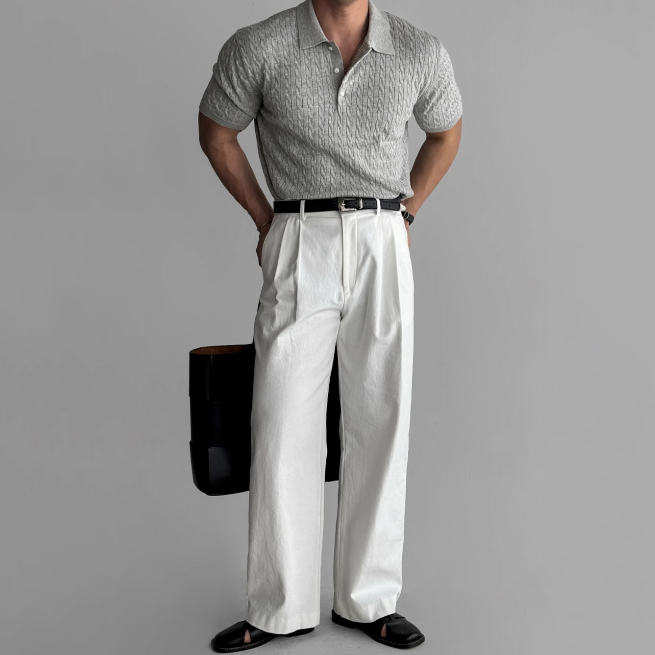 Polo de punto de manga corta con patrón trenzado, camiseta de negocios, venta al por mayor transfronteriza, camisa de hombre de punto trenzado de manga corta sin planchar. image 5
