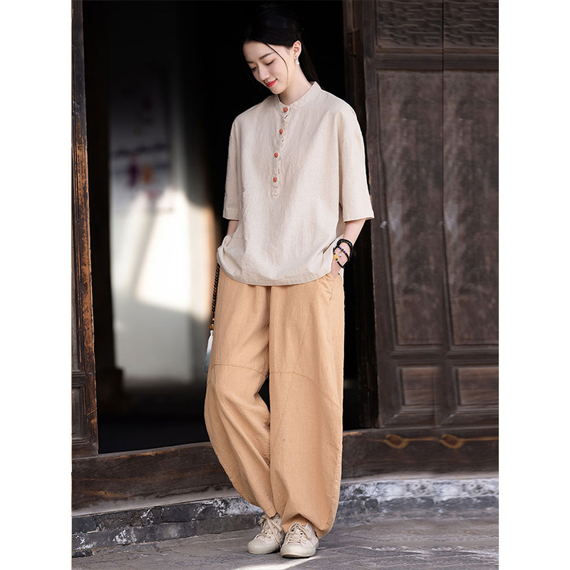 女性用在家服、中国風婦人服、綿麻ボタン付きトップス、禅服、中国風仏教禅無地スーツ|undefined