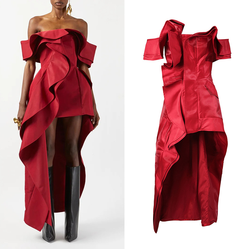 European and American Light Luxury Celebrity Strapless Asymmetrical Dress 2026 Spring New Red Women's Long Dress