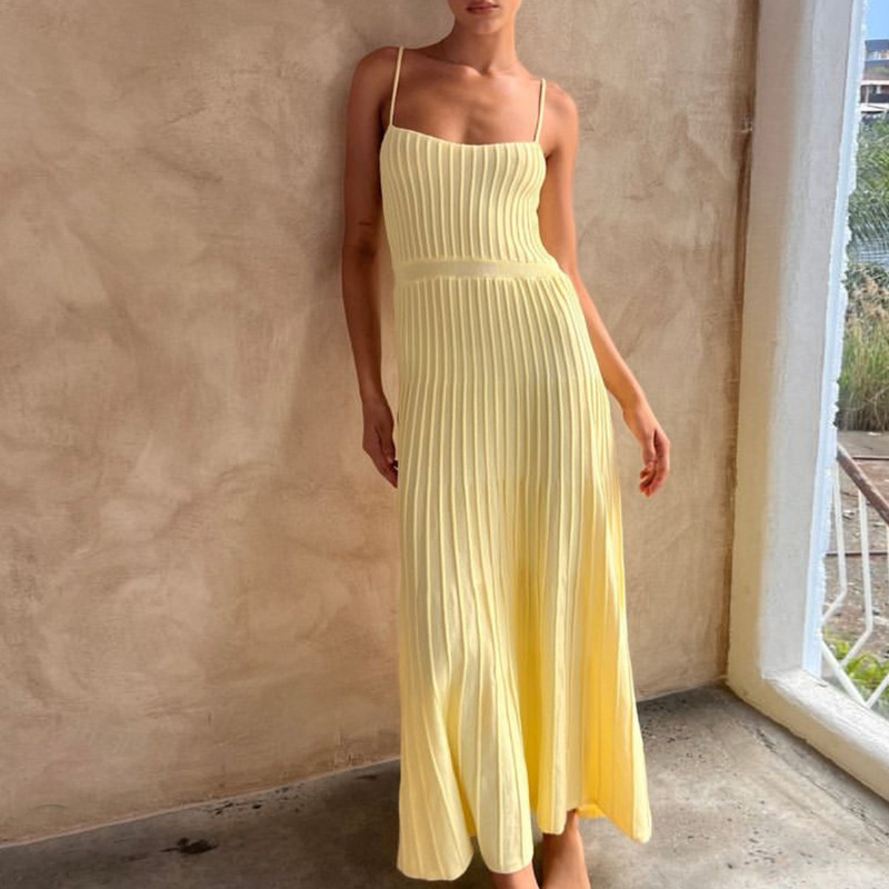 2026 Summer Amazon Women's Clothing Strapless Slim High Waist Knitted Dress Beach Vacation Pleated Long Dress