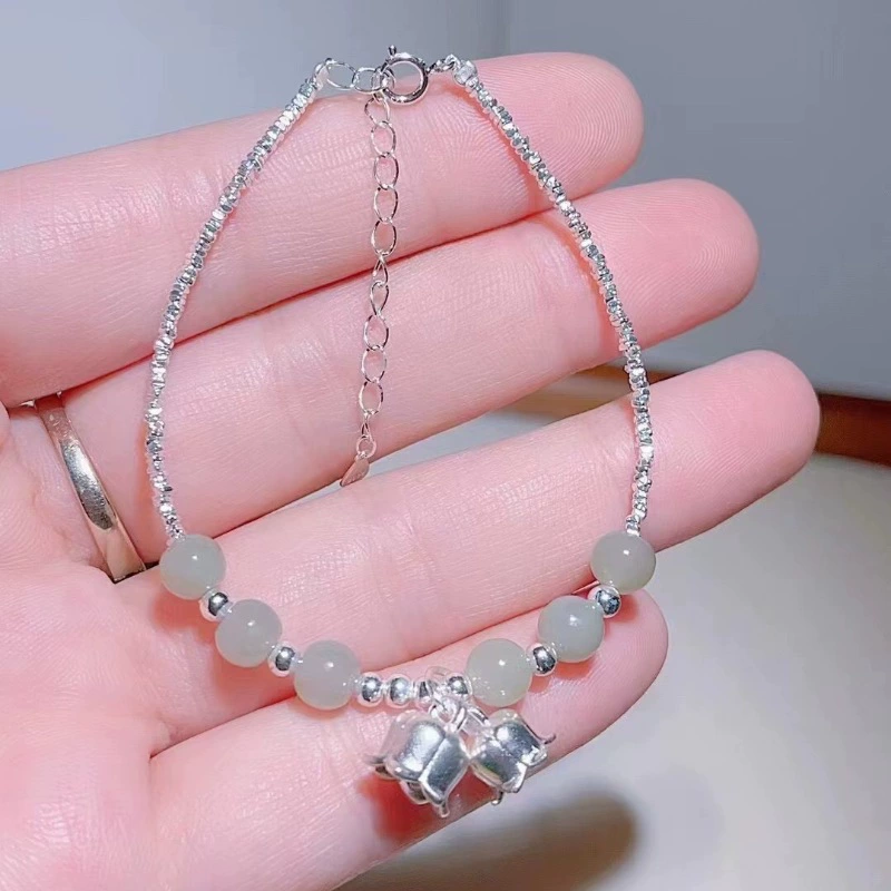 Organic silver bracelet jade, 925 sample silver, orchid