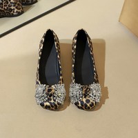 838-H159 French leopard print square toe shallow mouth, one foot kick, rhinestone big bow, comfortable inner height increase, mid length single shoe
