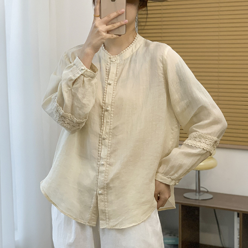 2025 Early Spring Solid Color Ramie Artistic Babydoll Shirt with Lantern Sleeves, Plus Size Lace Trim Women's Artistic Shirt