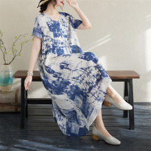 实拍现货已出 棉麻v领大码显瘦不规则下摆水墨印花旅游长裙连衣裙