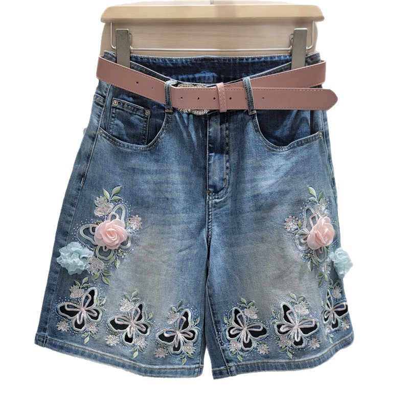 Shorts Bermudas de Denim con Bordado Calado y Tiro Alto para Mujer